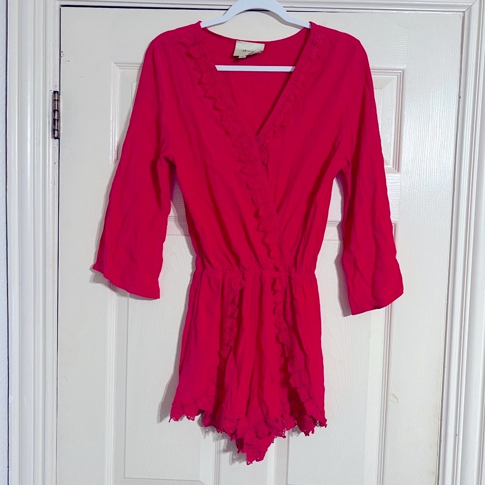 Coral Pink Anthropologie Romper with Lace